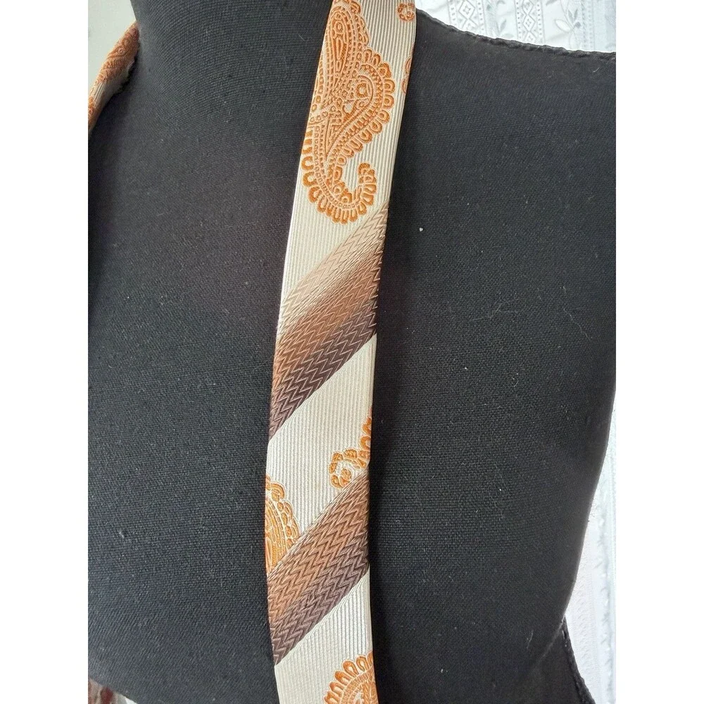 Karl Knox Bold Designer Necktie Orange Paisley Geometric Brown Cream Microfiber